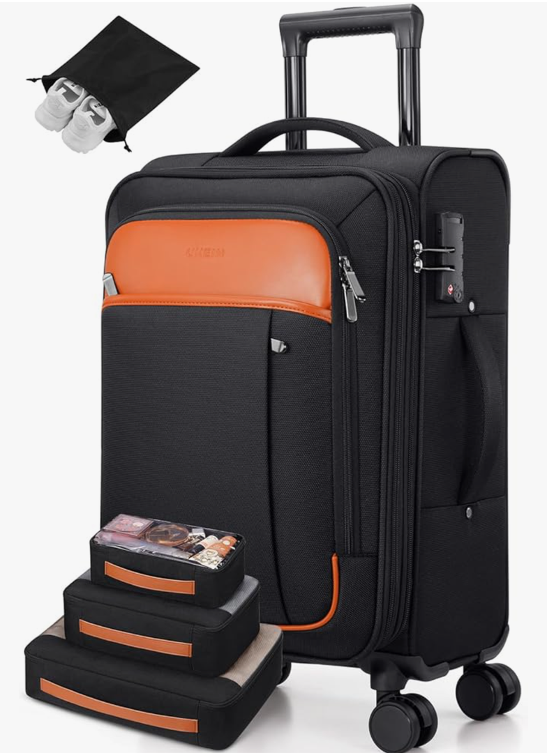 Softside Expandable Carry On Luggage 22x14x9 Airline Approved, 20 Inch Carry On Suitcase with Wheels & TSA Lock, Travel Suitcase with 4-Piece Packing Bags for Women Men