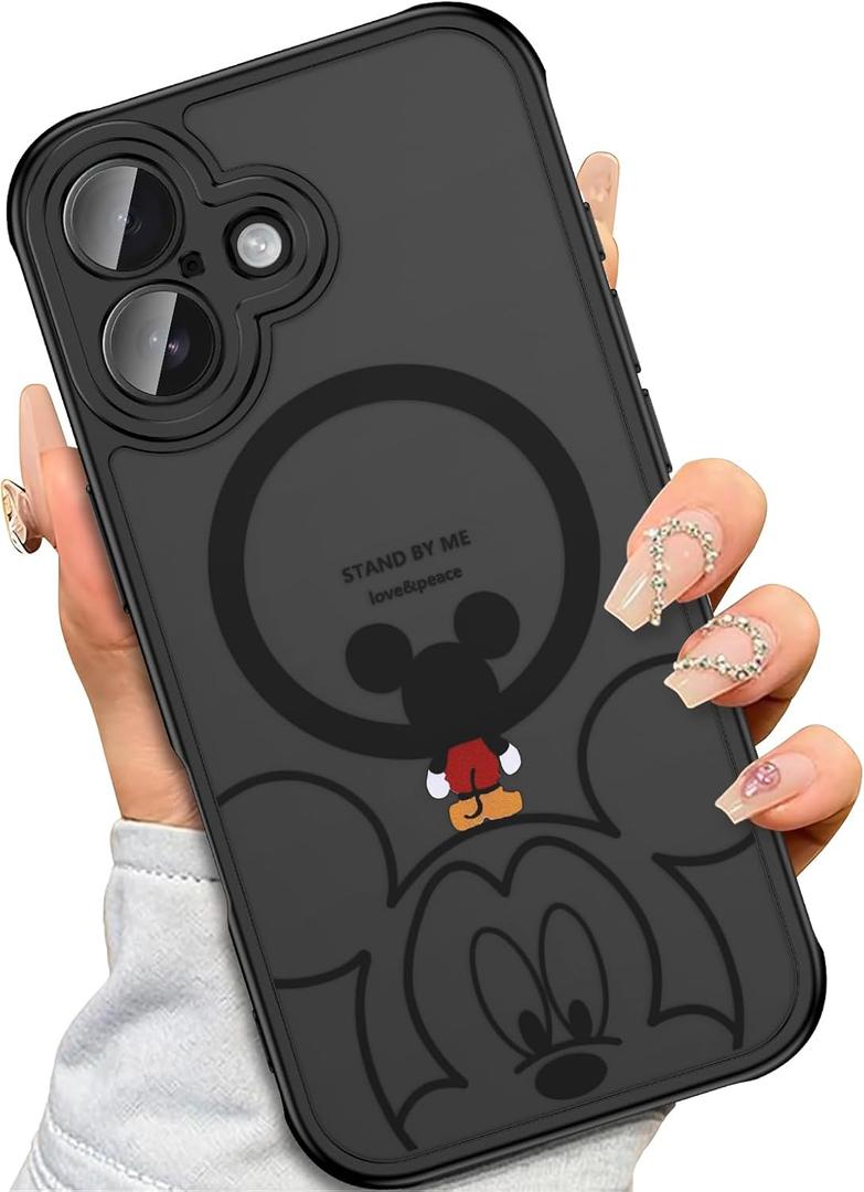 Case for iPhone 16 [Compatible with MagSafe], Cute Design Magnetic Black Translucent Frosted Matte Soft TPU Bumper Hard PC Back Protective Case with Camera Protection - Black