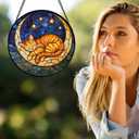 Stained Glass Window Hanging - Orange Moon Sleeping Cat Sun Catcher for Door Home Decor Blue Starry Sky Suncatcher Christmas Mother's Day Birthday Gifts for Women Men Mom Nana 6.3 in