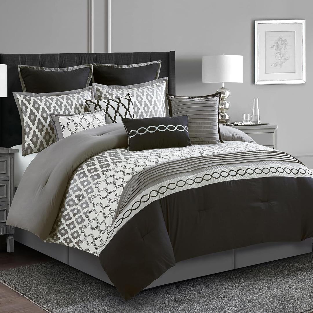 Queen Comforter Set, Black, 10 Piece Bed in a Bag for All Seasons, Luxury Extreme Comfort Bedding Sets with Bedskirt, Pillow Shams, Euro Shams and Decor Pillows Queen Comforter Set, Black, 10 Piece Bed in a Bag for All Seasons, Luxury Extreme Comfort Bedding Sets with Bedskirt, Pillow Shams, Euro Shams and Decor Pillows