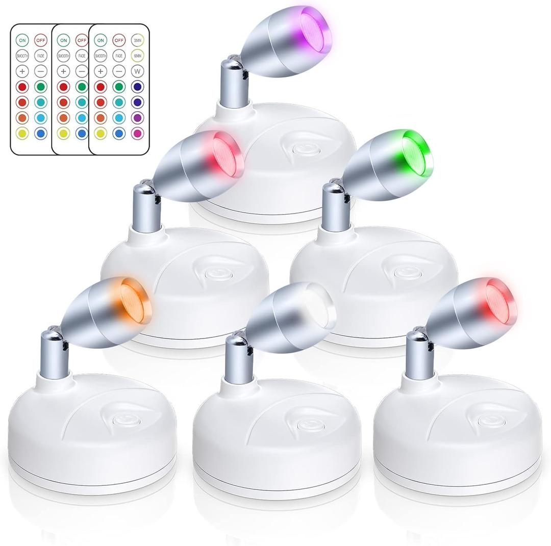Small Spotlight Battery Operated Spot Lights Indoor Uplighting Picture Mini Accent Light Wireless LED with Remote RGB + W Angle Adjustable w/Timer & Dimmer for Display Art Paintings (6pcs)