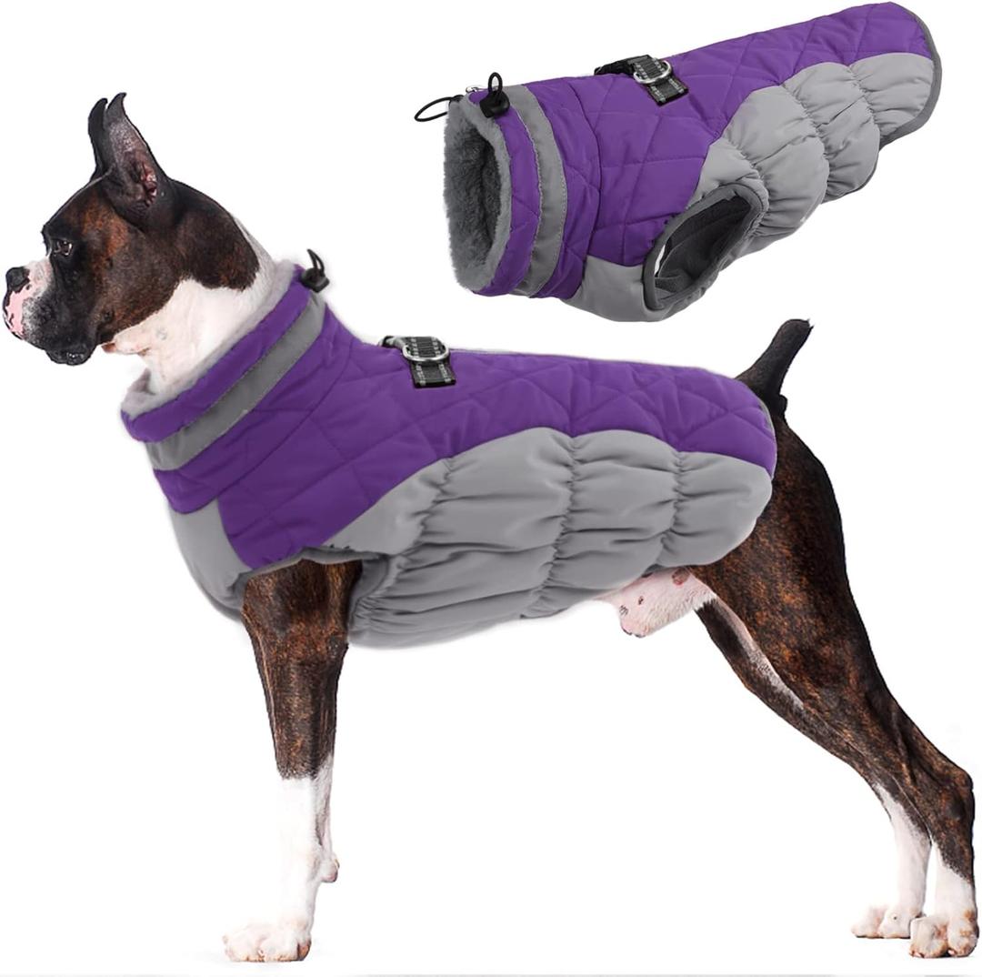 LeLePet Warm Winter Coat, Fleece Dog Jacket with Harness, Reflective Turtleneck, Waterproof, for Large Dogs (Purple) L