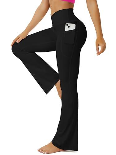 FOHOFO Yoga Pants Women, Flare Leggings for Women with Pockets, Crossover High Waisted Bootcut Yoga Pants Black Size M