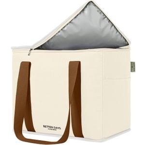Reusable Insulated Grocery Bag - Canvas, Leak Proof, X Large Cooler Bag, Insulated Shopping Bags for Groceries, Travel Cooler Bag for Frozen and Hot Food with Zippered Top (Cream Brown)