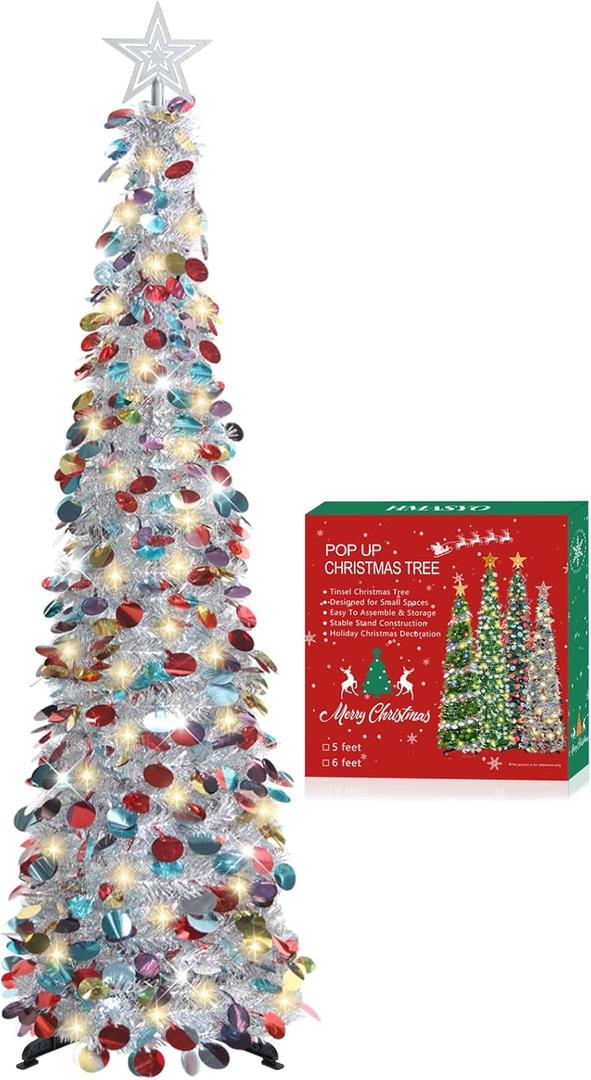 HMASYO 5 FT Pop Up Christmas Tree with Timer Lights, Silver Christmas Tinsel Tree, Collapsible Artificial Pencil Christmas Tree for Indoor Home Apartment Porch Holiday Party Decorations