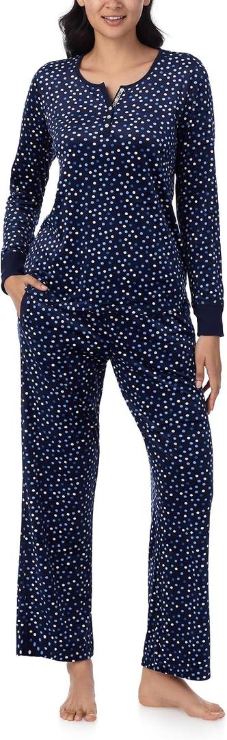 Nautica Pajamas for Women Set, Long Sleeve Henley Pajama Shirt & Pants, Warm Winter Fleece Sleepwear Lounge PJ Sets for Women (Blue, M)
