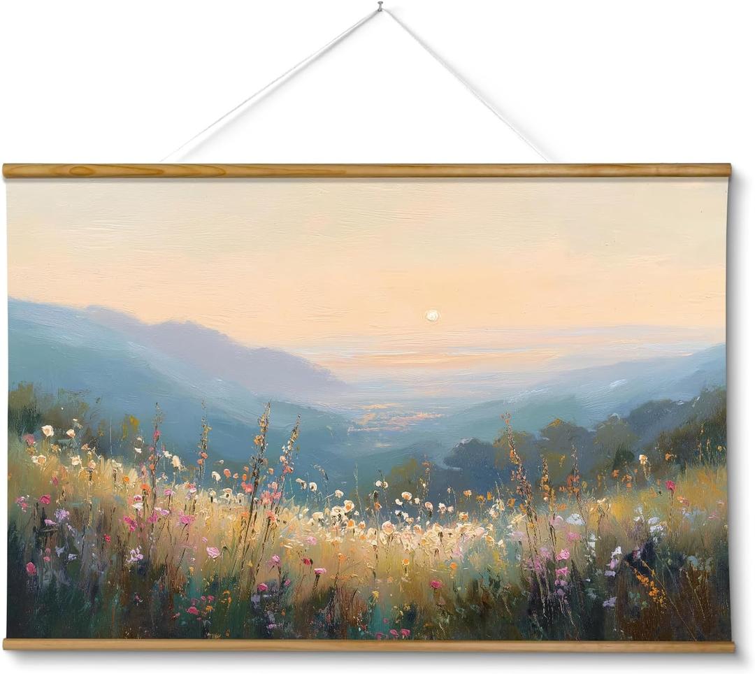 VIYYIEA Extra Large Size Canvas Wall Art, 36x54 Inch Sunset Mountain Valley with Wildflowers Scroll Painting, Oversized Landscape Wall Hanging for Living Room, Bedroom, or Cabin Decor