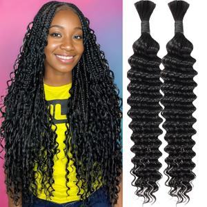 Human Braiding Hair for Boho Braids 16-24Inch Deep Curly Wave Bulk 100% Human Hair for Braiding Brazilian Virgin Human Hair Extensions for Black Women Natural Black 2 Bundles