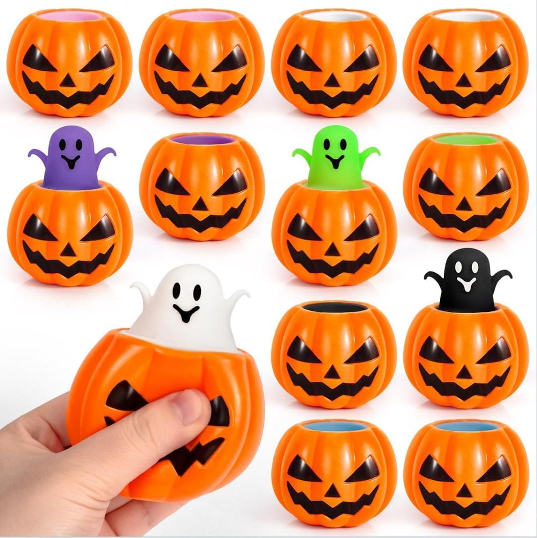 SpringFlower 12Pcs Halloween Pumpkin Squishy Toys, Halloween Party Favors Goodie Bag Stuffers Fillers, Trick or Treat Toys, Stress Relief Ghost Toys 6 Assorted Colors for Kids Adults