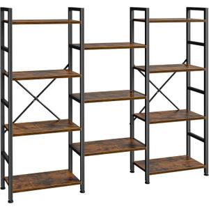 SUPERJARE Triple Bookshelf, Bookcase with 11 Open Display Shelves, Wide Book Shelf Book Case for Home & Office, 4 Tier, Brown, ABC009Z