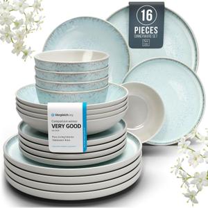 16 Piece Dinnerware Sets for 4 - Modern Style Stoneware Dinnerware Set - Scratch Resistant,Dishwasher,Microwave Safe Plates and Bowls Sets Ceramic,Dish Set, Bowl and Plate Set - Beige and Light Blue (Set (16pcs), light / beige-blue)