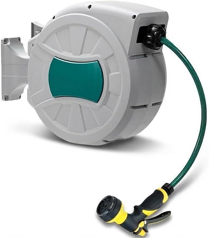 Retractable Garden Hose Reel – 1/2 in x 50 ft, Wall Mounted, 180° Swivel, Auto-Rewind, Anti-Kink, Heavy Duty PVC, 8-design Spray Nozzle – Outdoor Watering, Car Washing, Pet Bathing, 15 Meters