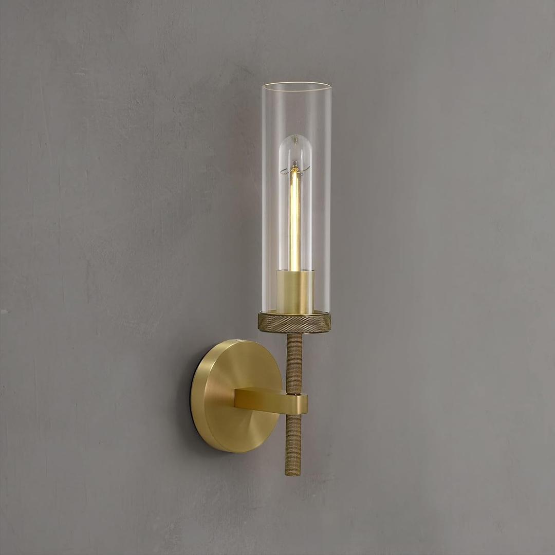 Brass Wall Sconces Lights Indoors, 14" Knurled Linear Sconce, Gold Bathroom Wall Sconces, Glass Tube Vanity Sconces Wall Lighting, Wall Lights for Mirror, Living Room, Bedroom, Hallway, 1 Pack