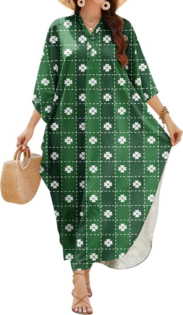 MAKABO Kaftan Dresses for Women Caftans Moo Moos V Neck Beach Swimsuit Cover Up Boho Hawaii Maxi Dress (Small-Medium, St Patricks Grid)