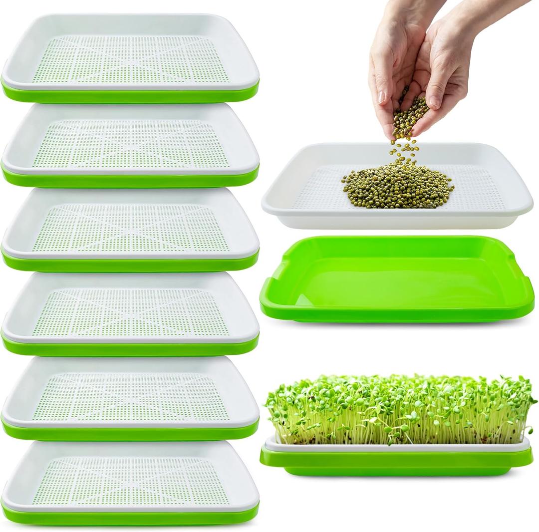 Pack 6 of Seed Sprouter Tray with Drain Holes,Seed Germination Tray Kit BPA Free Nursery,Soil-Free Wheatgrass Sprouter Microgreens Growing Kit (Green-6 Pack)