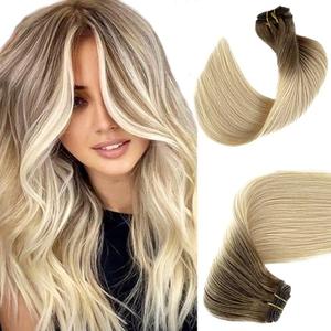 Sew in Hair Extensions Real Human Hair Ombre Ash Brown to Platinum Blonde Hand Tied Wefts 18 Inch 100G Remy Bundles for White Women Genius Weft Extension