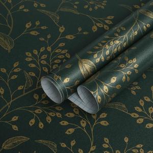 Heroad Peel and Stick Wallpaper Dark Green Contact Paper Gold Floral Wallpaper Modern Boho Removable Contact Paper for Cabinets Drawers Bedroom Self Adhesive Vinyl Papel Tapiz para Pared 118" x 17.3"