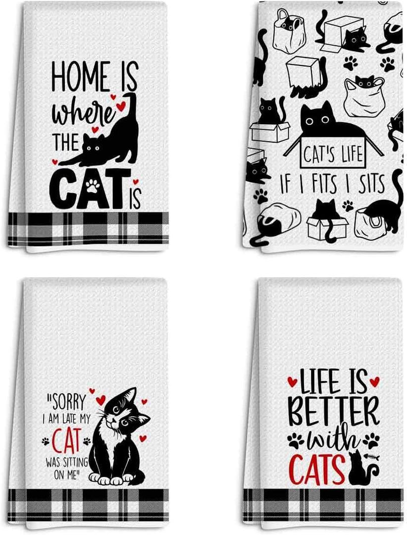 4 Pcs Modern Black Cat Themed Kitchen Dish Towels, Cat Lover Gifts for Women Friend Coworker Sister Christmas New Year Birthday Friendship Housewarming Gifts, Suitable for Bathrooms Restaurant Decor (Multicolor 289)