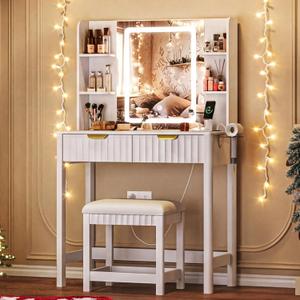 Vanity Desk with LED Mirror, 3 Lighting Modes and Chair, 15.75"D x 31.5"W x 51.18"H