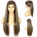 SAPPHIREWIGS Straight Headband Wig Ready to Go Glueless Synthetic Highlight Brown Headband Wigs Long Straight Wig for Black Women Daily Party Use 26 Inch