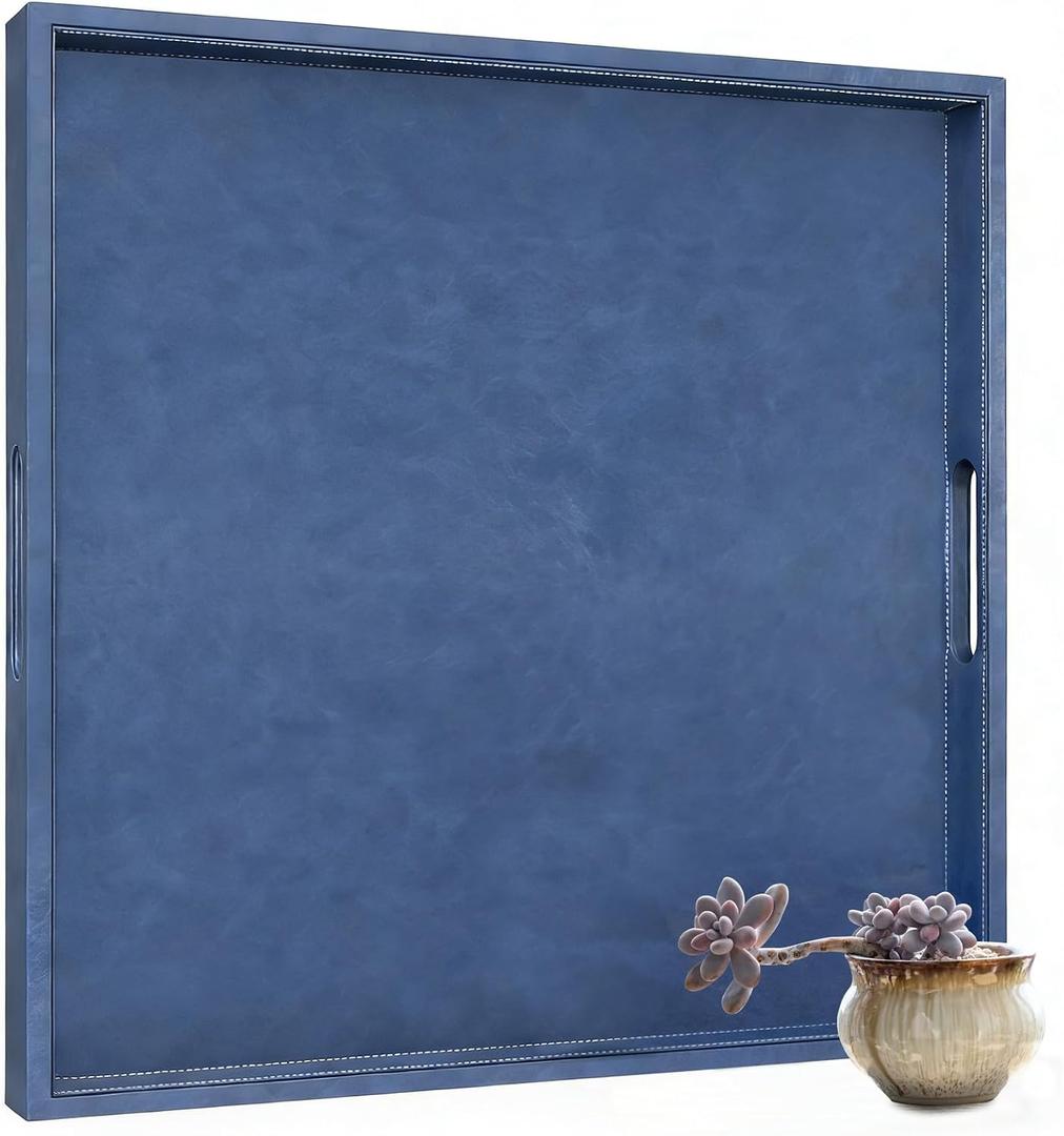 30x30 inches Leather Ottoman Serving Tray with Hole Handles, Square Extra Large Modern Service Tray for Living Room, Coffee Table, Bed, Tea, Food, Butler Countertop, Kitchen, Dinner, Picnic (Blue)