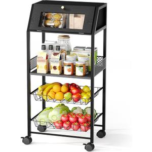 Rolling Kitchen Cart with Bread Box and 2 Pull-Out Wire Baskets - 4-Tier Storage Cart on Wheels with Lockable Casters, Wood Top and Metal Frame for Kitchen, Bathroom, and Pantry (Black)