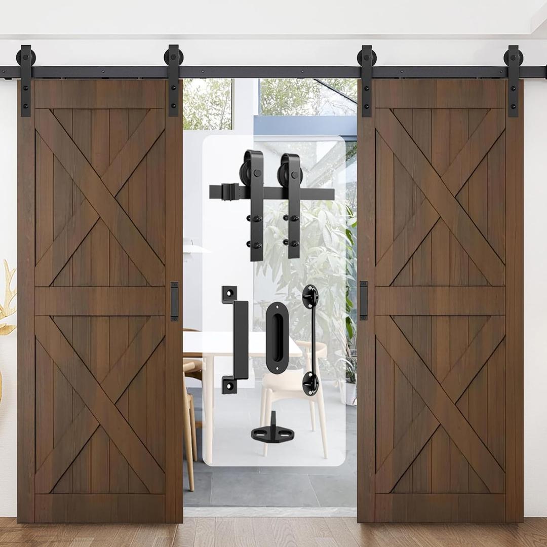 12FT Double Barn Door Hardware Kit Heavy Duty Sliding Door Track Kit with Hook and 2 Handles,Smoothly and Quietly Hardware for Interior and Exterior Fit 36" Wide Door Panel (J Shape Hanger) (Black)