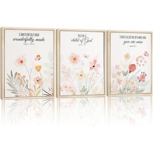 3pcs Framed Floral Wall Art Pieces, Christian Art, Bohemian Wall Decorations, Inspirational Bible Verse Canvas Paintings, Wildflower Patterns, For A Girl'S Room And Living Room, 12x16 Inch