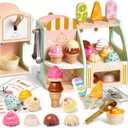 Giant bean Wooden Ice Cream Play Set, with Drop-Down Dispenser, Play Kitchen Accessories with Cones, Popsicles, Scoops, Play Money & Menu, Ice Cream Toy for Kids Ages 3+, Birthday