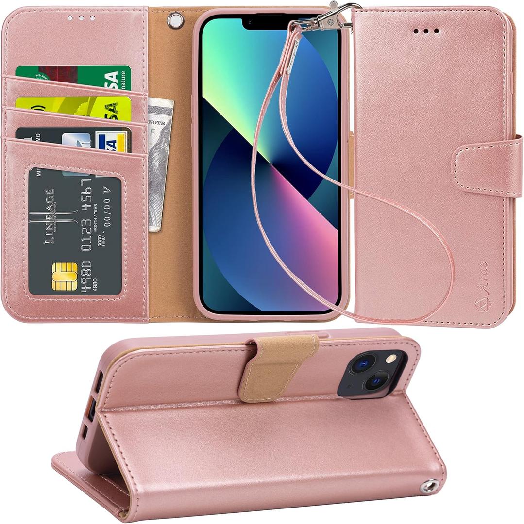 Arae Compatible with iPhone 13 Wallet Case with Card Holder and Wrist Strap for Women and Men Phone Case Flip Cover for iPhone 13 6.1 inch-Rose Gold