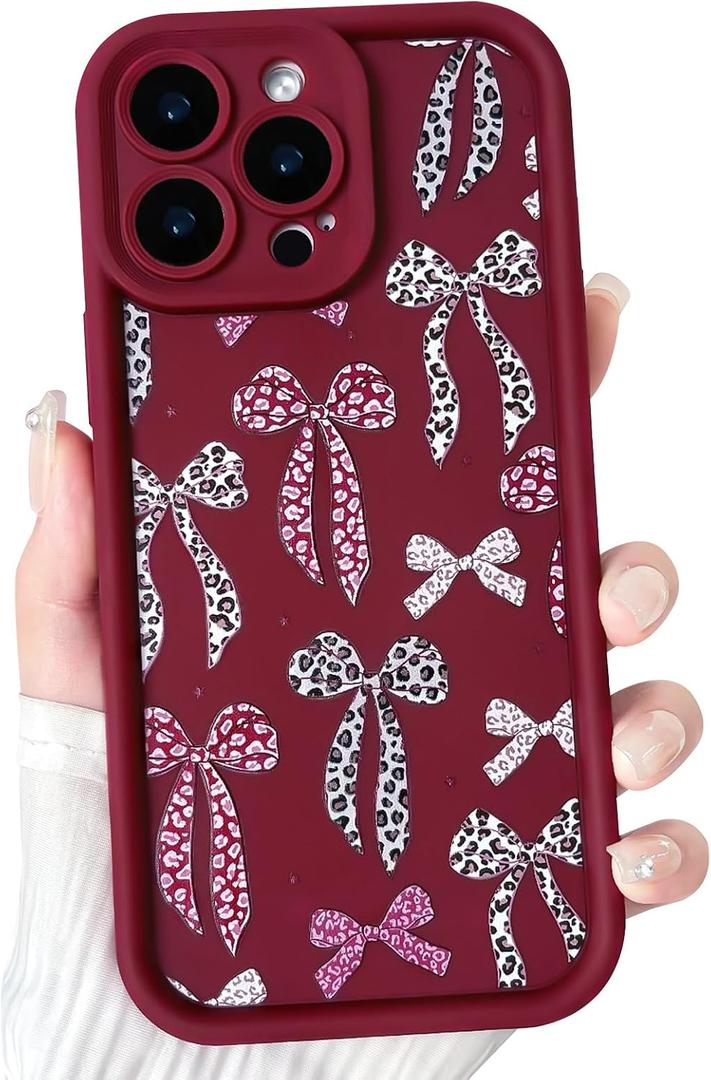 NITITOP for iPhone 15 Pro Max Case Cute Leopard Ribbon Bow Star - Wine Red | Trendy, Aesthetic, Vintage, Precision camera cutouts, For girl woman, Soft TPU, Silicone, Shockproof