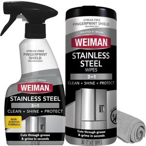 Weiman Stainless Steel Cleaner & Polish Kit, 3 Piece - Spray, Wipes & Cloth, Anti-Fingerprint, Removes Grease, Water Spots, Streaks & Residue, Polishing Cleaner Safe for Appliances, Sinks & Grills