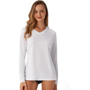 Women's Standard V-Neck UPF 50+ Long Sleeve Swim Rash Guard Shirt (S, White)