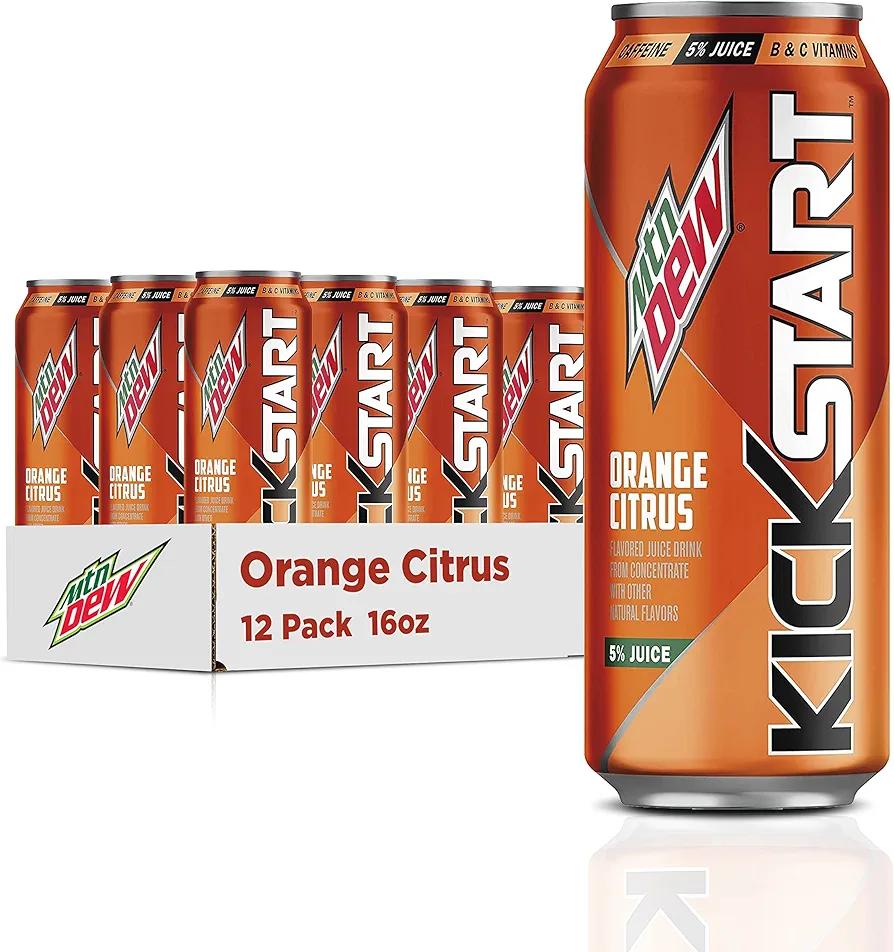 Mountain Dew Kickstart, Orange Citrus, 92mg Caffeine, Vitamins B & C, 80 Calories, 5% Juice, 16 Fl Oz (Pack of 12) Rcp. 02/21/2026