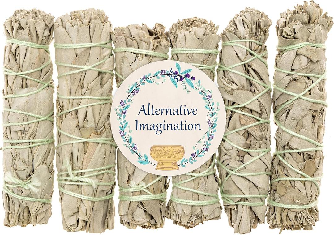 6 Pack of White Sage Sticks - 4" Long Smudging Incense Sticks for Sage Smudge Kit Refill, Witchcraft Supplies, Meditation Accessories, Yoga, Incense Holder, Spiritual Gifts - Alternative Imagination