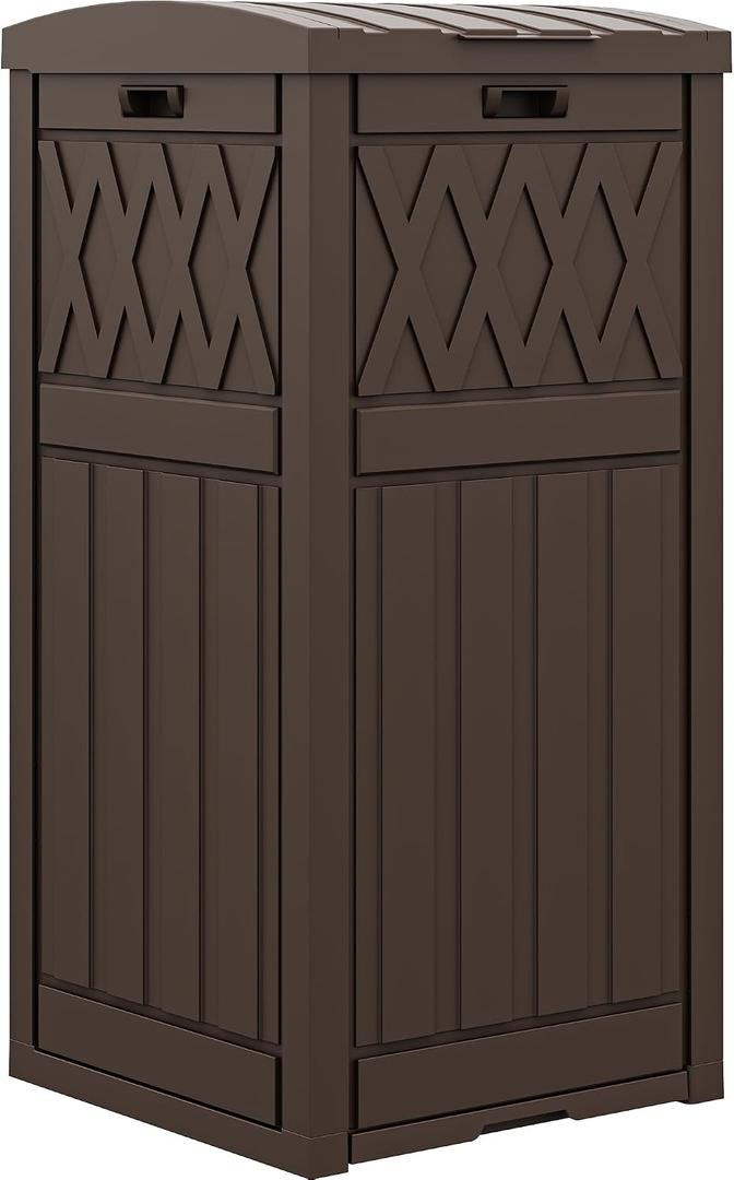 DWVO 38 Gallon Outdoor Trash Can, Resin Garbage Can with Tiered Lid and Drip Tray, Waterproof Trash Bin for Patio, Kitchen, Backyard (Brown)