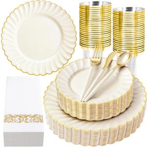 Ciaell 175 PCS Ivory Scalloped Plastic Plates - Gold Disposable Plates Fancy High-end Dinnerware Sets for Wedding & Party (25 Guests)