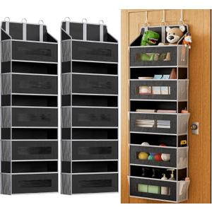 2 Pack 5 Tier Over The Door Organizer - Large Capacity Behind Door Hanging Shelves with 10 Mesh Pockets and Clear Windows, Closet Organizers and Storage for Bathroom, Bedroom, Nursery, Black