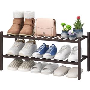 viewcare 2-Tier Shoe Rack for Entryway, Bamboo Shoe Rack for Closet, Free Standing Shoe Racks for Indoor Outdoor, Stackable Shoe Shelf Storage Organizer for Hallway Closet