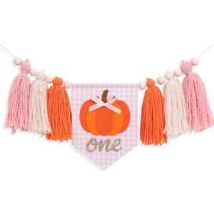Little Pumpkin 1st Birthday High Chair Banner  Fall First Birthday Party Decor for Baby Girls, Pink and Orange Yarn Tassel Highchair Banner, Our Little Pumpkin Is One Party Decor