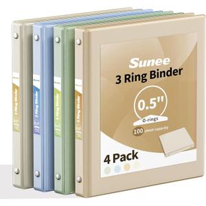SUNEE 3 Ring Binder 1/2 Inch 4 Pack, Clear Half Inch View Binder Three Ring 0.5" PVC-Free (Fit 8.5x11 Inches) for School or Office Supplies, Neutral Aesthetic