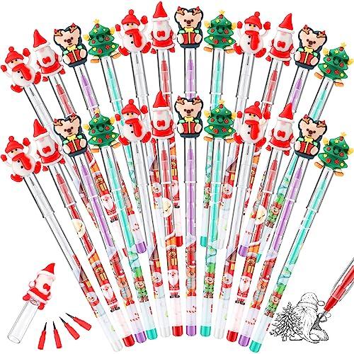 Yexiya 24 Pcs Christmas Stackable Pencils Bulk, Christmas Cute Fun Pencils Bulk with Xmas Tree Santa Snowman Reindeer Topper for Gifts Rewards Favors Prize Stuffers