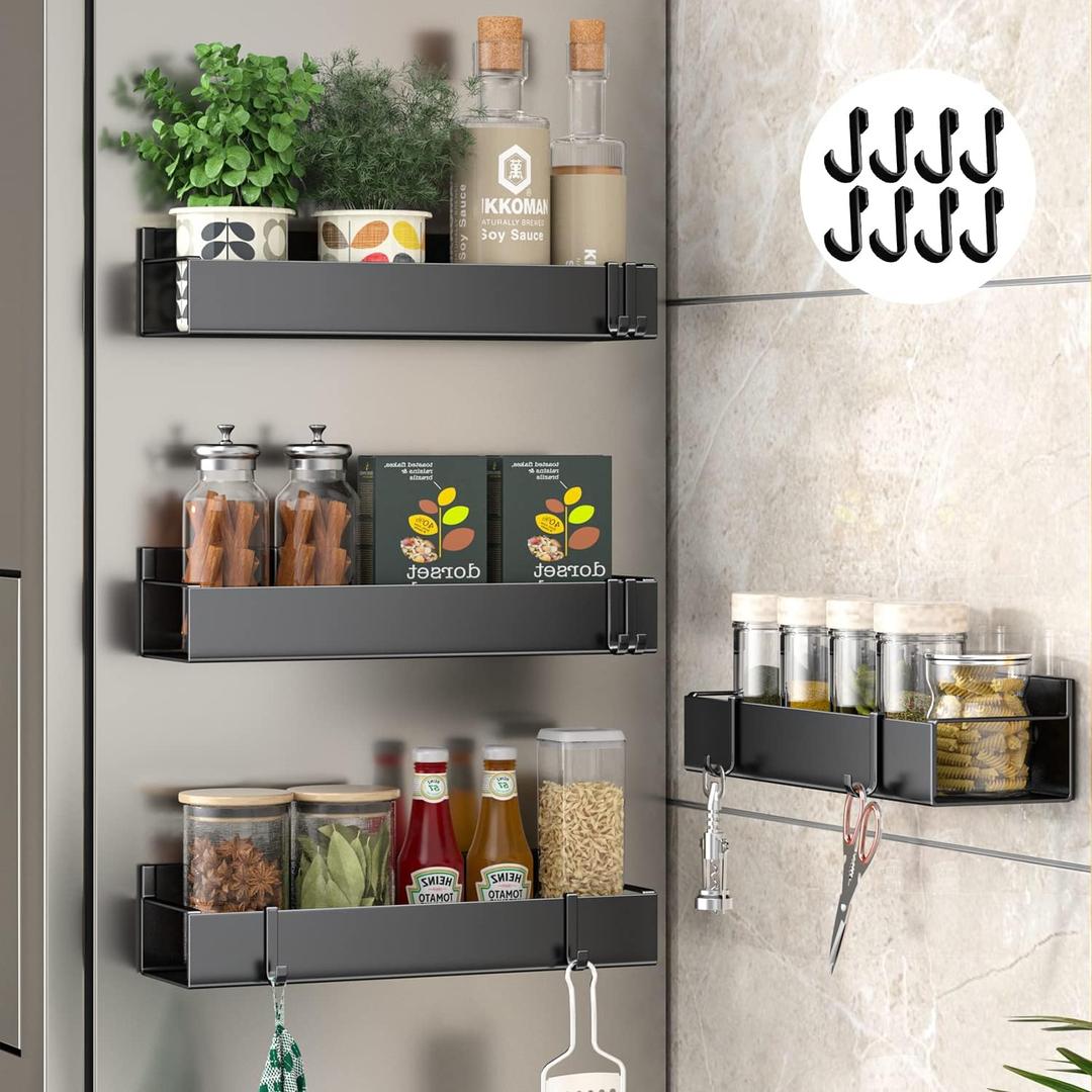 Magnetic Spice Rack for Refrigerator, 11.8 Inch Adhesive Wall Mount Spice Rack, Strong Magnetic Shelf for Refrigerator, Space Saving Kitchen Organizer with 8 Removable Hooks (Black, Pack of 4)
