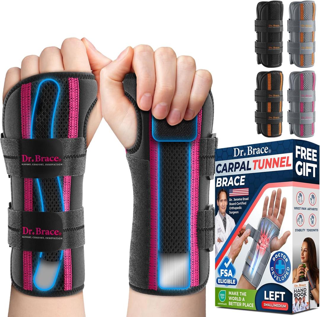 DR. BRACE Adjustable Wrist Brace Night Support for Carpal Tunnel, Doctor Developed, Upgraded with Double Splint & Therapeutic Cushion,Hand Brace for Pain Relief,Injuries,Sprains (S/M Left Hand, Black-Pink)