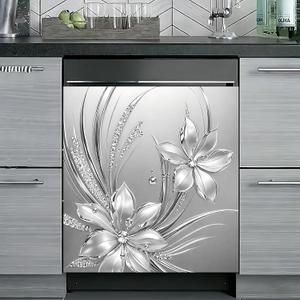 Dishwasher Magnet Cover, Dishwasher Magnetic Decoration, Embossed Flower-Themed Sticker, Dishwasher Refrigerator Protection Magnetic Kitchen Art Decoration 23x25.5 inches (Silver Embossed Floral 2)