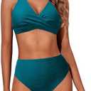 Aqua Eve Women High Waisted Bikini Twist Front Swimsuits Lace up Bikini Tops Ruched Push up 2 Piece Bathing Suits Size M