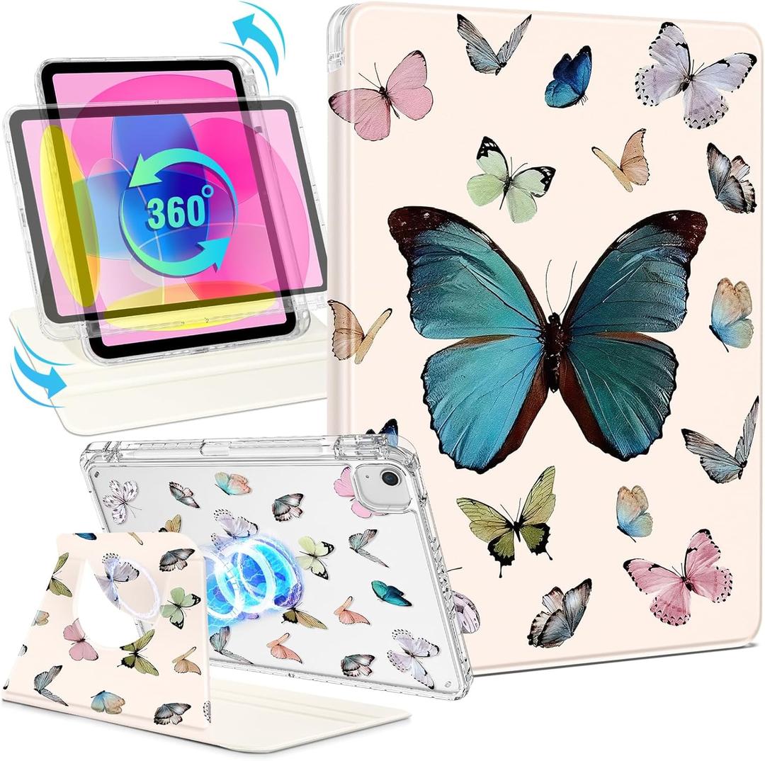 Shorogyt for iPad Air 11 Inch Case M3 2025&M2 2024/Air 5th Generation 2022/Air 4th Gen 2020/Pro 11 Inch Case Magnetic Stand for Women - Cute 360 Degree Rotating Cover Girl Pencil Holder,Blue Butterfly