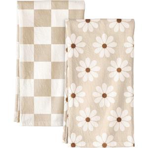 2 Pack Flour Sack Kitchen Towels - 16x26 Inch Cotton Dish Towels with Hanging Loop Reusable Geometric Boho Modern Retro Tea Towel Absorbent Dishcloths Home Decor, Beige Checkered Flower