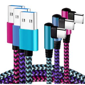 Teeind USB Type C Cable 2.1A Fast Charging: [90 Degree/6ft/3Pack] Nylon USB C Cord Right Angle Compatible with Samsung Galaxy S23/S22/9/Note 10, USB C Charger-Blue/Magenta/Purple