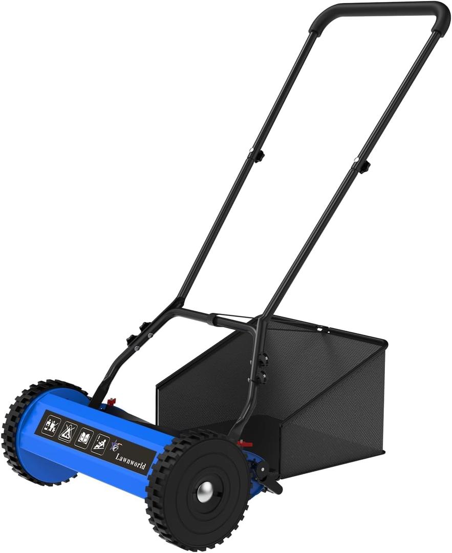 16-Inch Reel Lawn Mower with Grass Catcher and Tool-Free Blade Adjustment, 5-Blade Manual Push Lawn Mower, 5-Position Height Adjustable